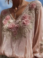Boho Pink Floral Lace V Neck Flowy Linen Tunic
