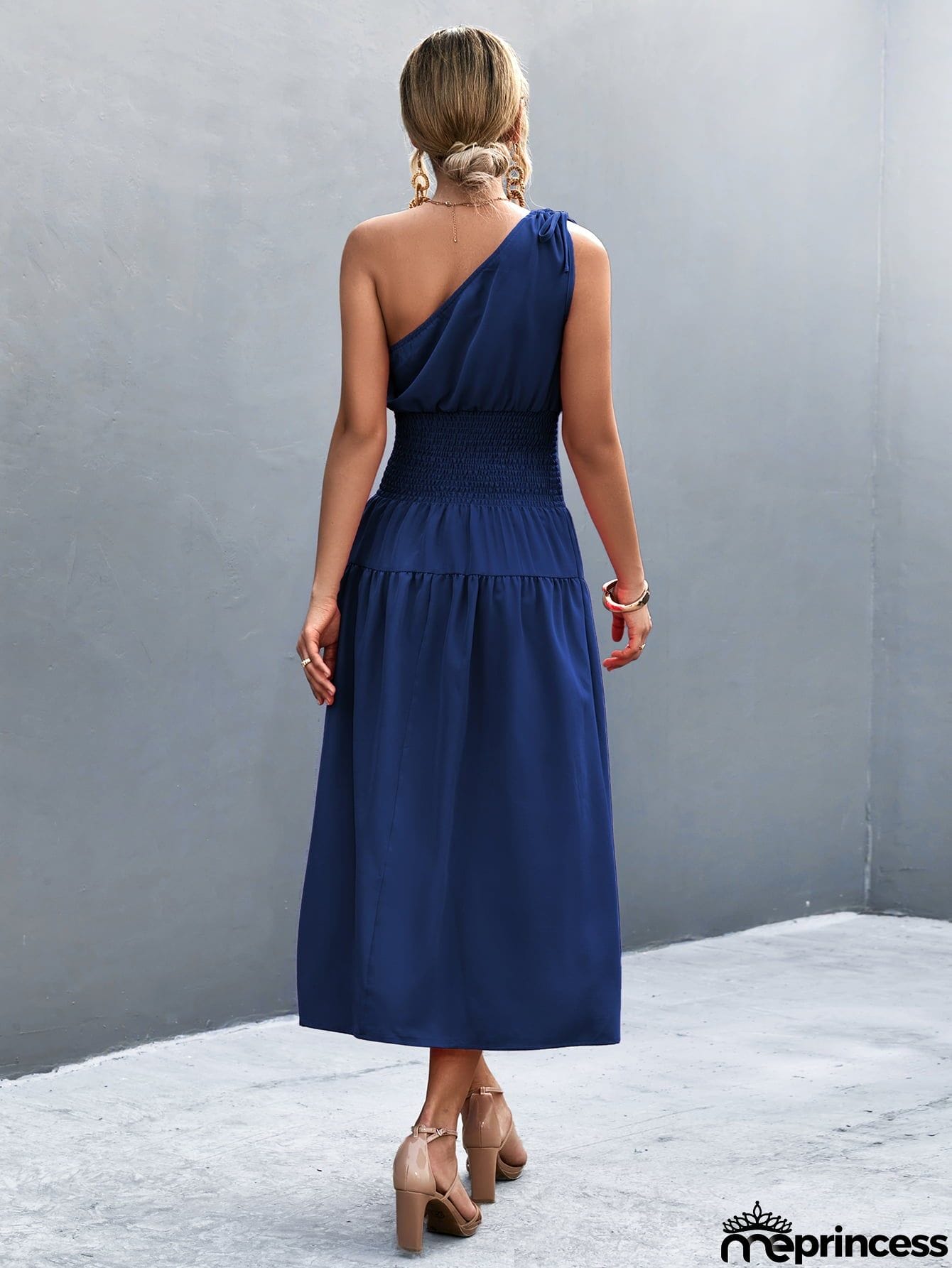 Asymmetrical One Shoulder Smocked Waist Midi Dress