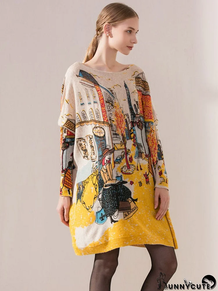 Original Loose Cartoon Printed Round-Neck Long Sleeves Sweater Dress