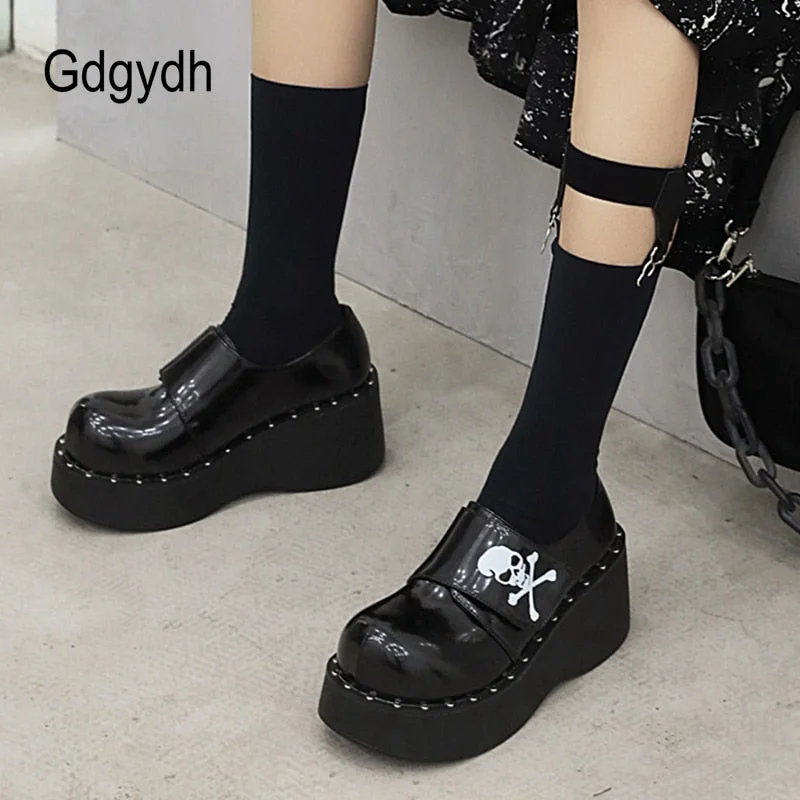 Gdgydh Devil Fashion Gothic Platform Shoes Women Hook Loop Trendy Street Skull Women's Pumps Light Leather Japanese Harajuku