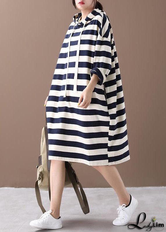Chic Hooded Striped Cotton Sweatshirt Street wear dress Spring