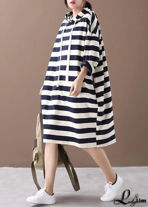 Chic Hooded Striped Cotton Sweatshirt Street wear dress Spring