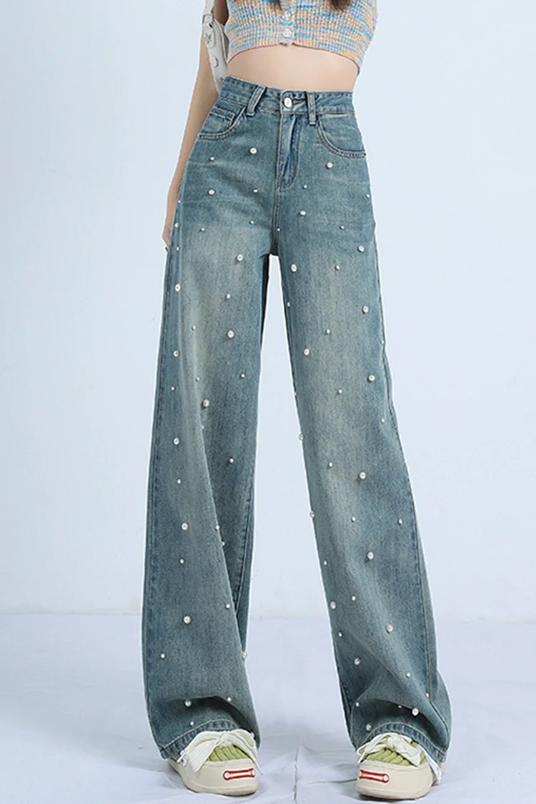 High-Rise Pearl Design Straight Leg Denim Jeans-Blue