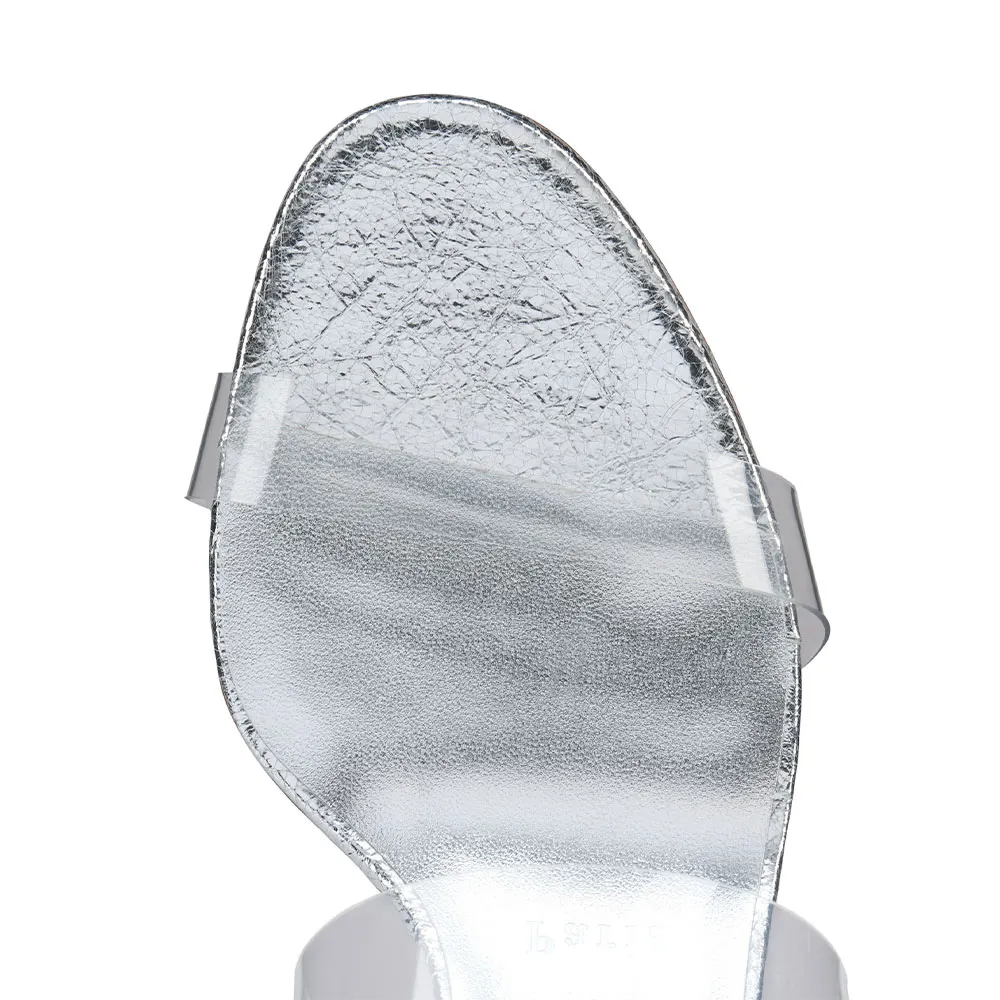 Women's Silver Round Toe Comfy Clear Strap Slip On Mule Heels
