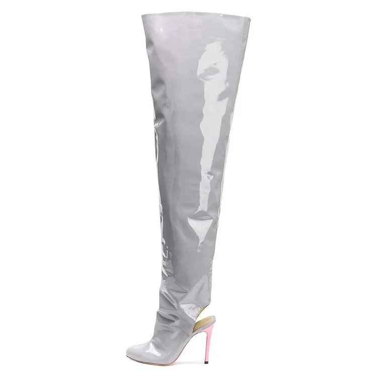 Grey Patent Leather Over-the-knee Slingback Stiletto Boots Vdcoo