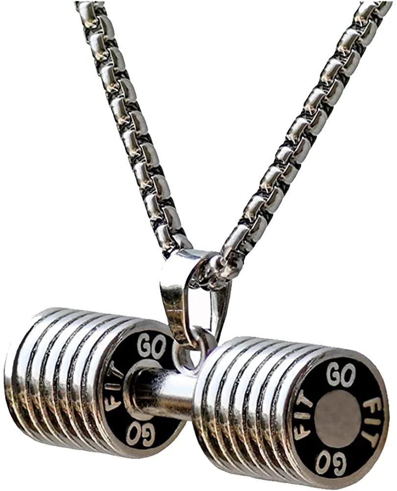 JAJAFOOK Jewelry Mens Women's Stainless Steel Fitness Gym Dumbbell Barbell Chain Pendant Necklace