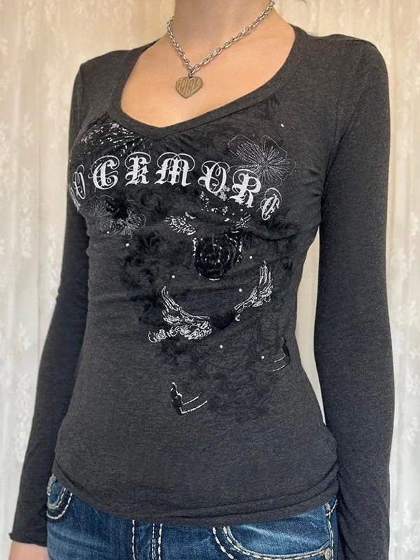 Athvotar Athvotar Old Letter Print Knitting V-Neck T-Shirt For Women's New Knitted Long-Sleeved Top