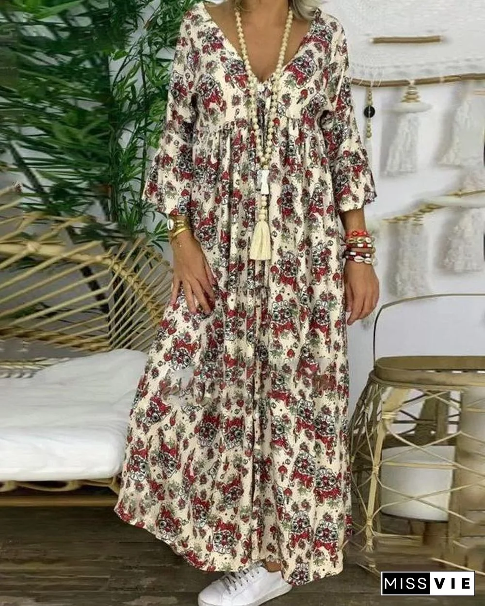 Boho Print Flare Sleeves Maxi Dress P10323