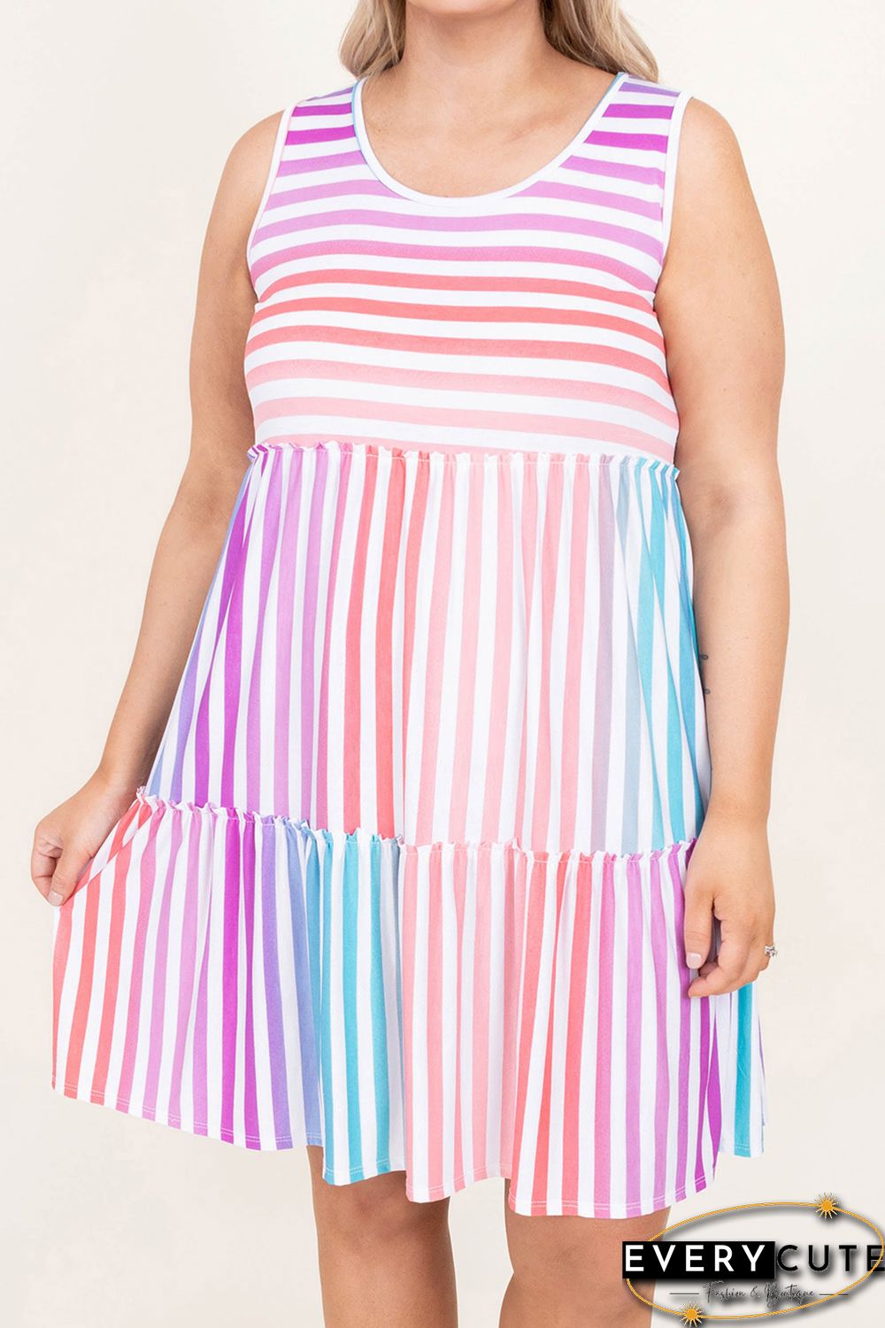 Multicolor Ombre Striped Sleeveless Tiered Plus Size Dress