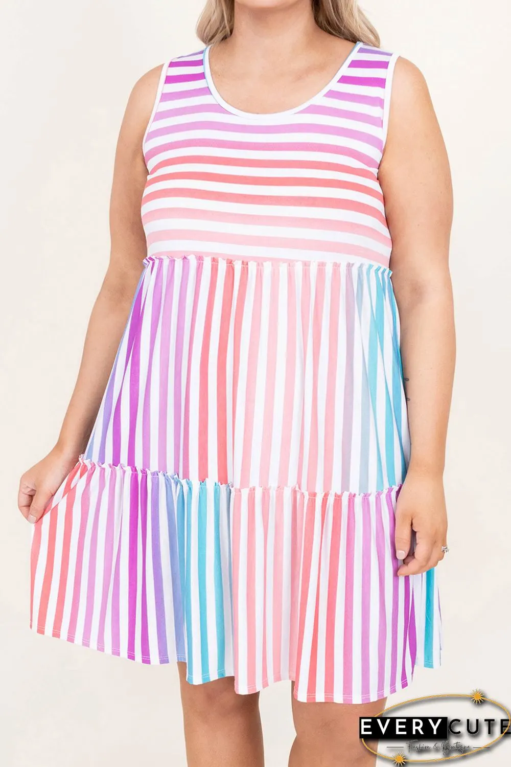 Multicolor Ombre Striped Sleeveless Tiered Plus Size Dress