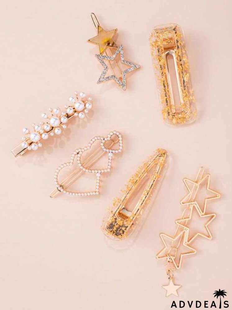 6pcs Faux Pearl Heart Decor Hair Clip
