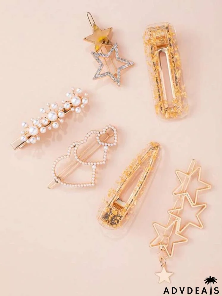 6pcs Faux Pearl Heart Decor Hair Clip