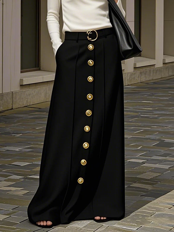 Solid Color Pockets No Belt Buttoned Loose Skirts Bottoms