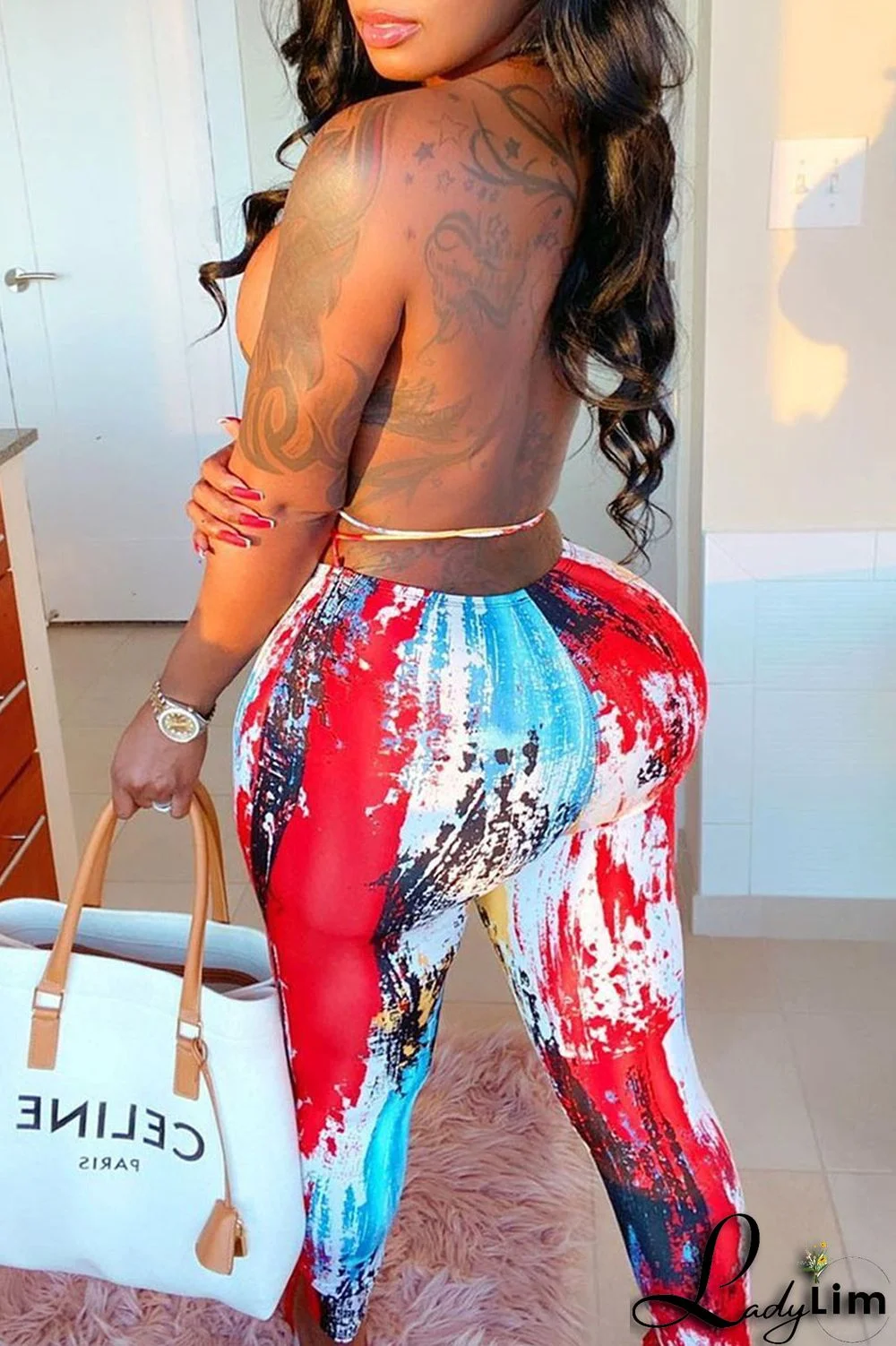 Red Sexy Print Split Joint Backless Halter Sleeveless Two Pieces