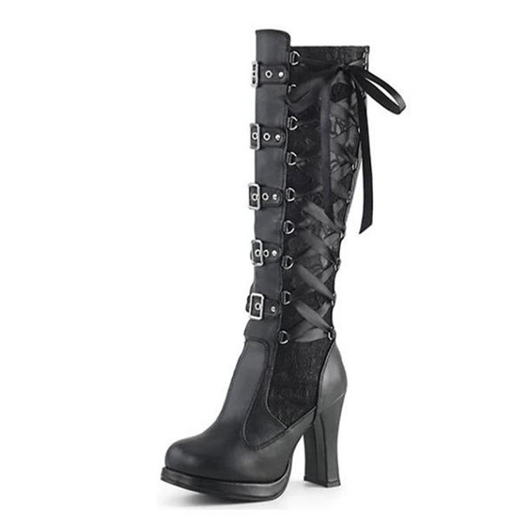 Fashion Chunky Rivet Long Black Platform Boots For Women