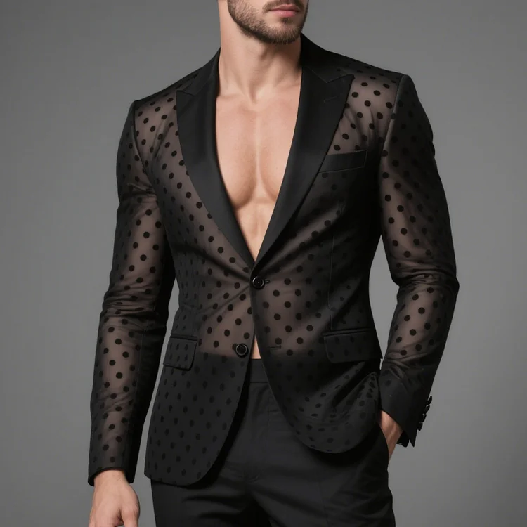 Okaywear See-Through Polka Dot Two Button Peak Lapel Blazer Okaywear