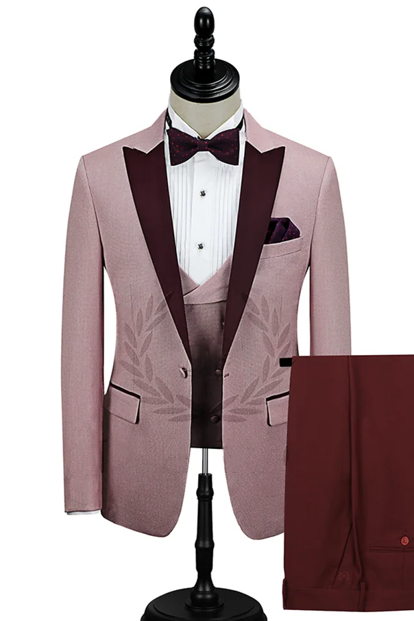 Daisda Glamorous Pink One Button Wedding Suit For Men With Burgundy Peak Lapel
