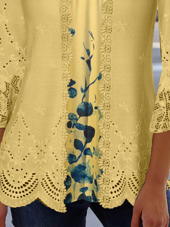 Women's 3/4 Sleeve Scoop Neck Floral Printed Lace Stitching Two Pieces Tops