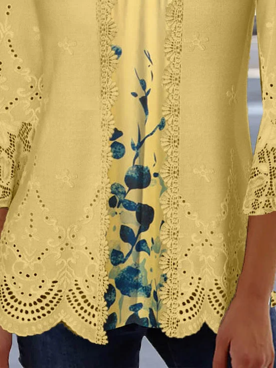 Women's 3/4 Sleeve Scoop Neck Floral Printed Lace Stitching Two Pieces Tops