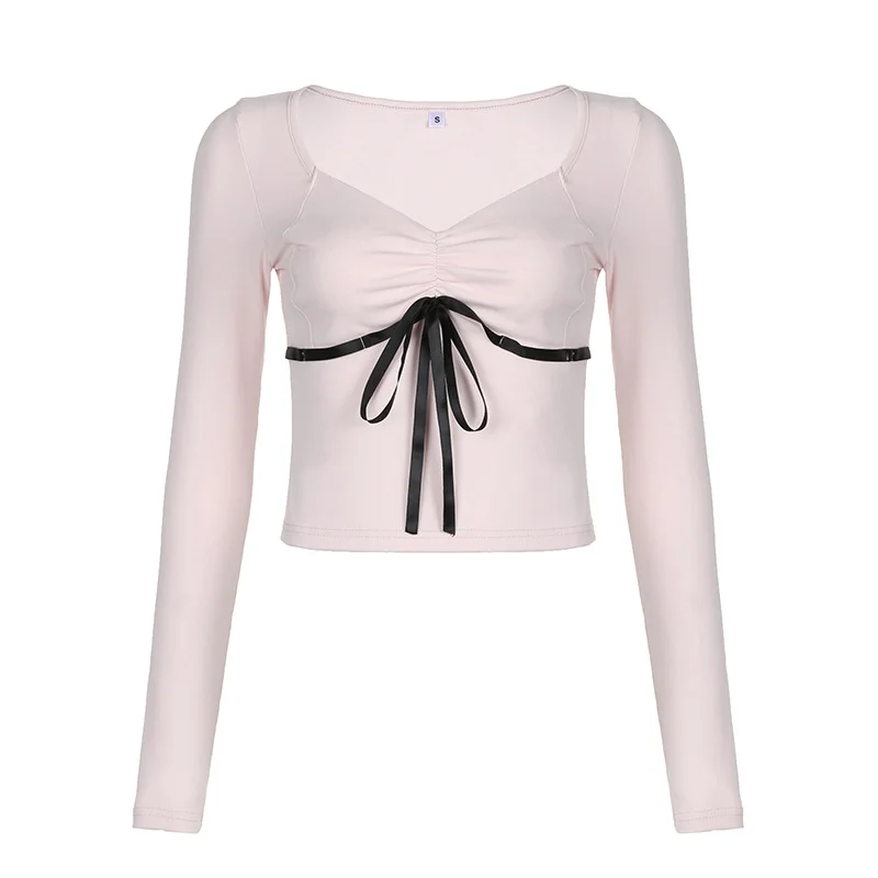Ueong Girl Sexy Square Collar Tight Show Thin Color Lace Long-Sleeved T-Shirt 2023 Autumn Fold Waist Pure Desire Blouse