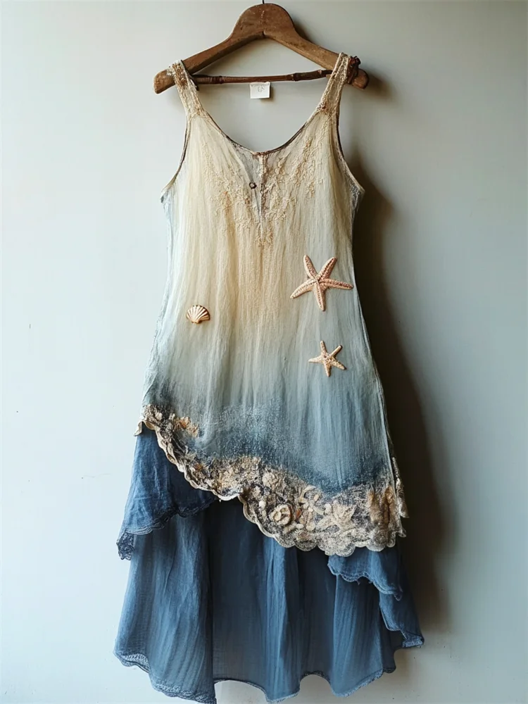 Starfish & Sea Shell Embroidered Sea Waves Gradient Lace Flowy Linen Dress