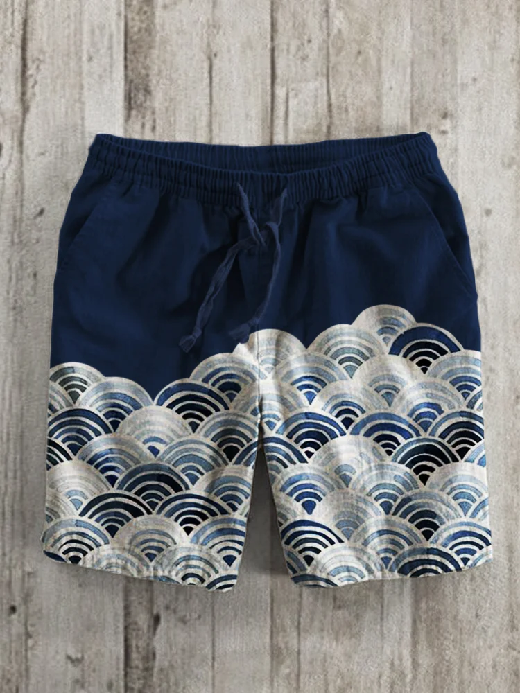 Sea Waves Japanese Art Linen Blend Shorts
