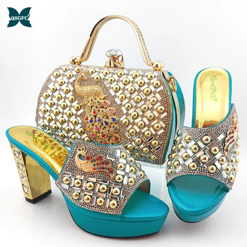 Pretty Italian Women Shoes and Bag Set with Shinning Crystal 2021 Summer High Quality Afrian Lady Shoes and Bag Set for Party