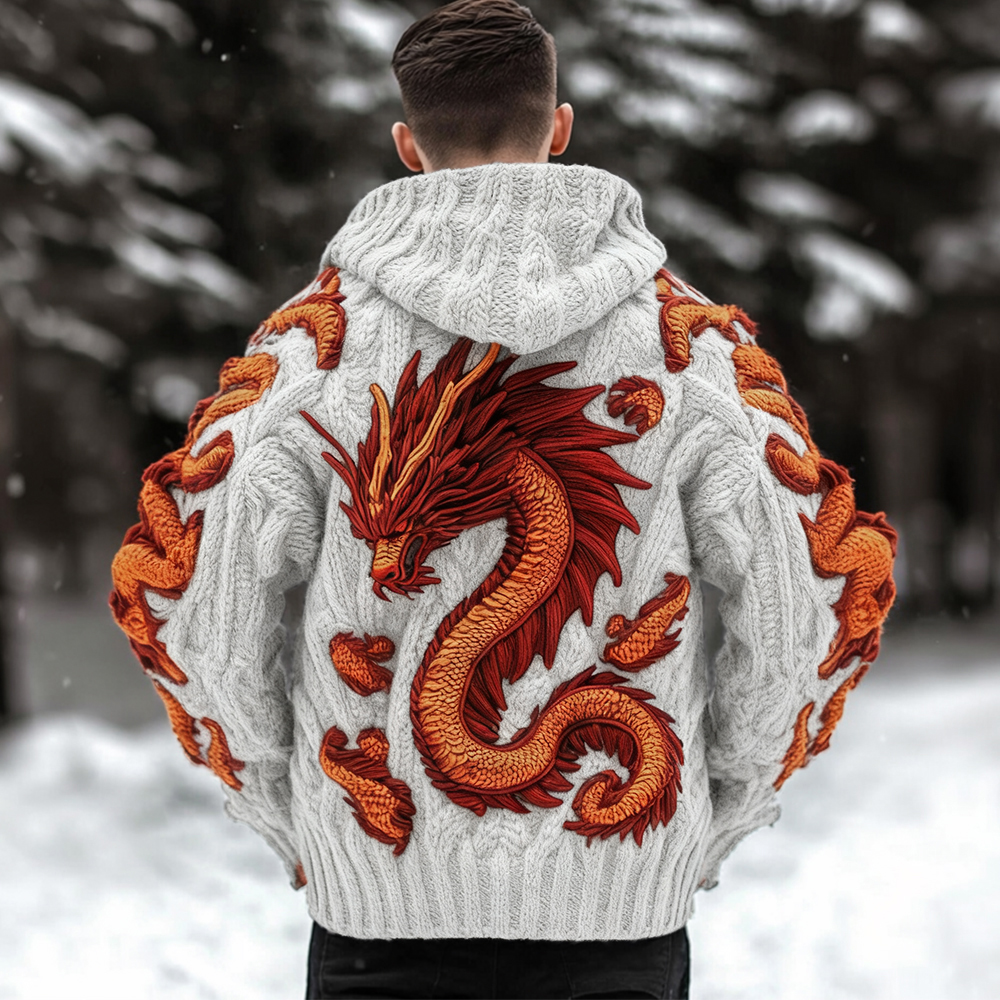 Men's Viking Dragon Celtic Thick Knit Zip-up Hooded Sweater  artssus