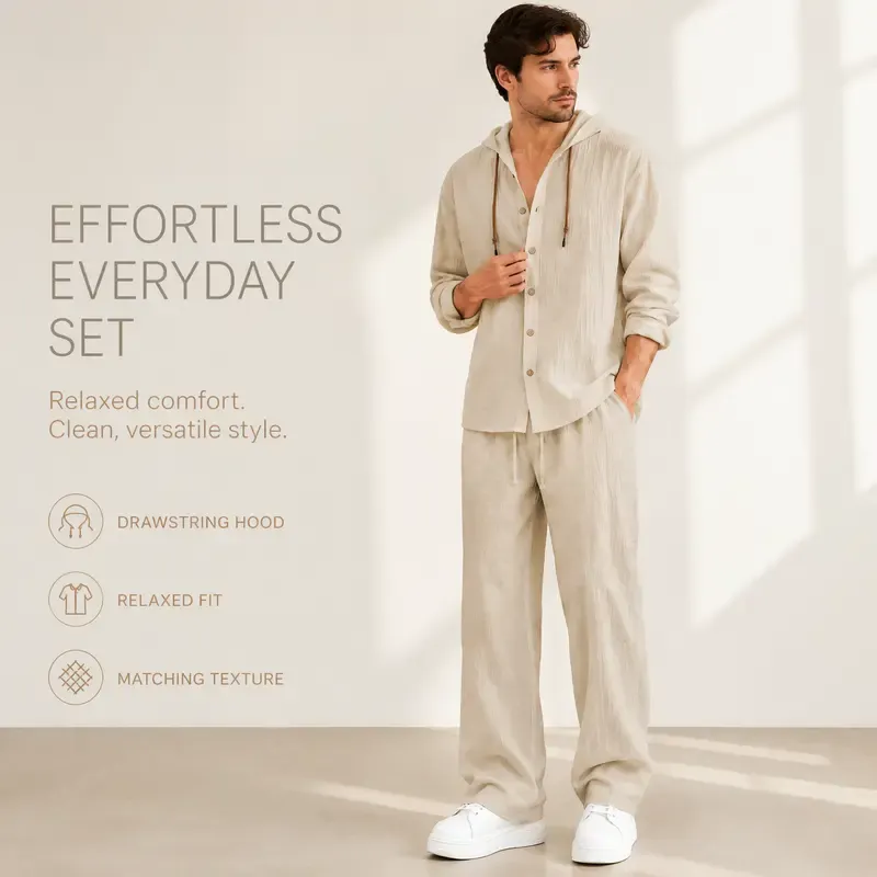 2-Piece Set Men's lightweight Trendy Hooded,Made From Soft Linen,Casual Vacation Style, Loose Fit Breathable Fabric,Long Hoodie & Wide-Leg Pants, Summer Wear outdoorfun Sweatshirt Clothes Fashion Trouser