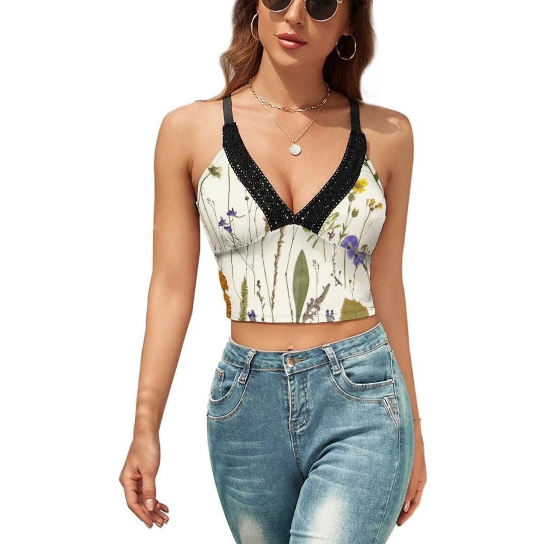 Leaf Lace Sleeveless Vest Women's Printed Adjustable Strappy Cami Crop Tops V-Neck Corset Tanks - neewho
