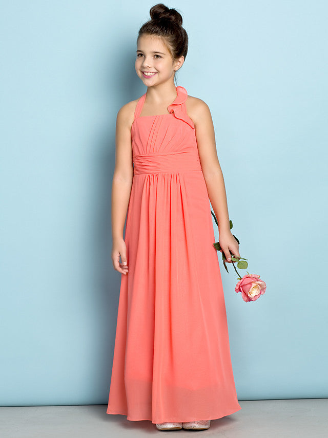 Sheath / Column Halter Neck Ankle Length Chiffon Junior Bridesmaid Dress With Side Draping / Natural / Mini Me