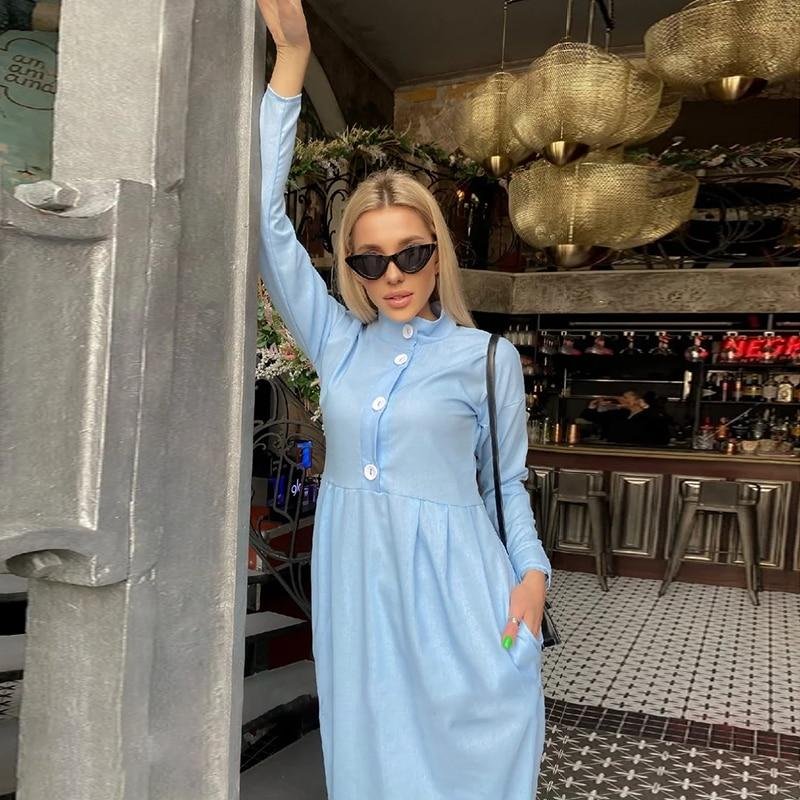 Women Vintage Front Buttons A-line Party Dress Long Sleeve Stand Collar Warm Slim Casual Dress 2021 Winter New Fashion Dress