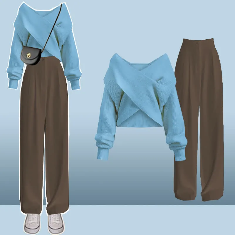 Chic Cross Knit Crop Sweater Casual Suit Pants