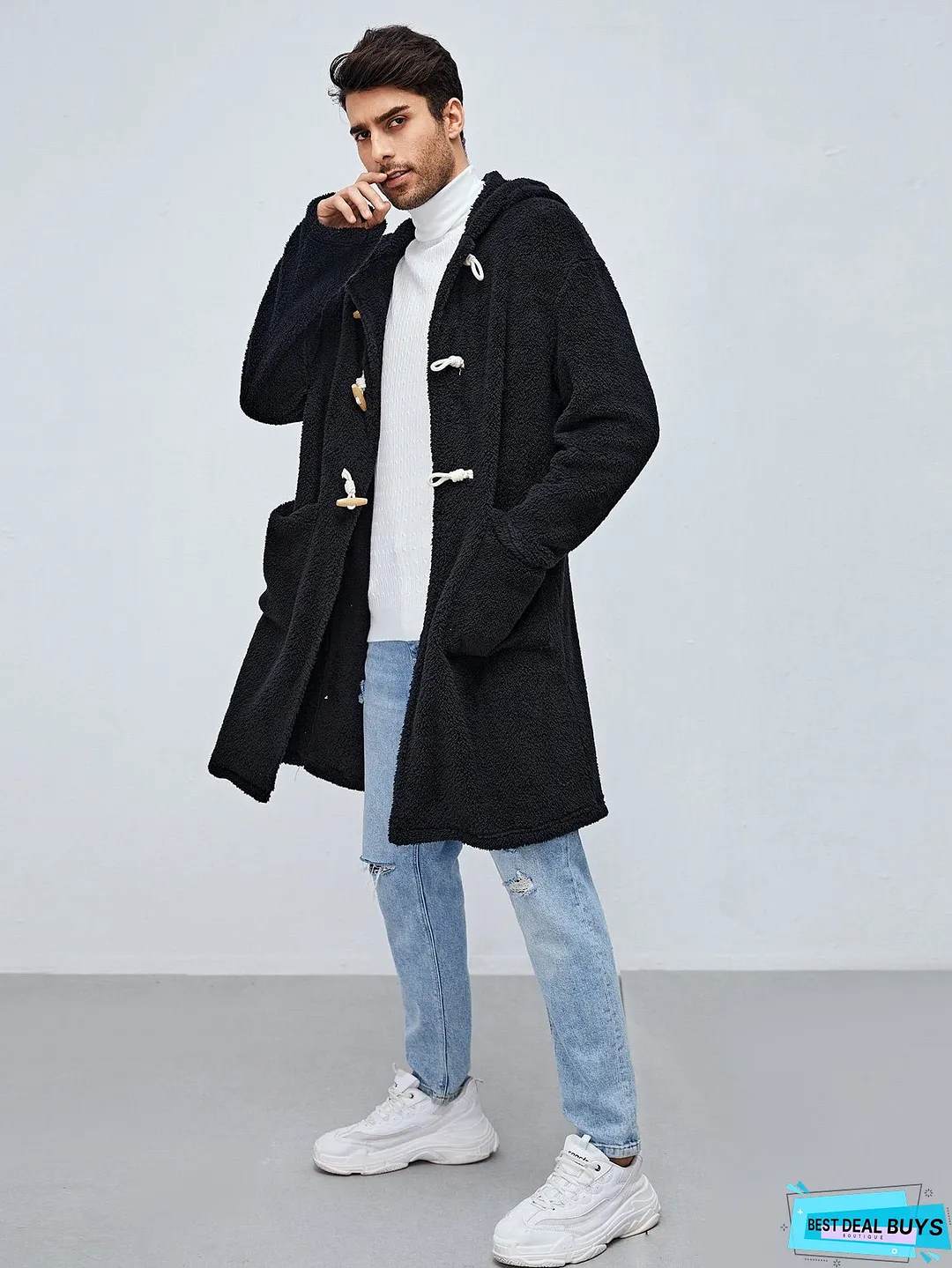 Men Pocket Front Duffle Hooded Flannel Coat