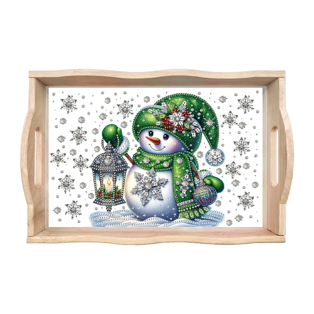 DIY Christmas Green Snowman Diamond Painting Wooden Serving Tray Home Decoration