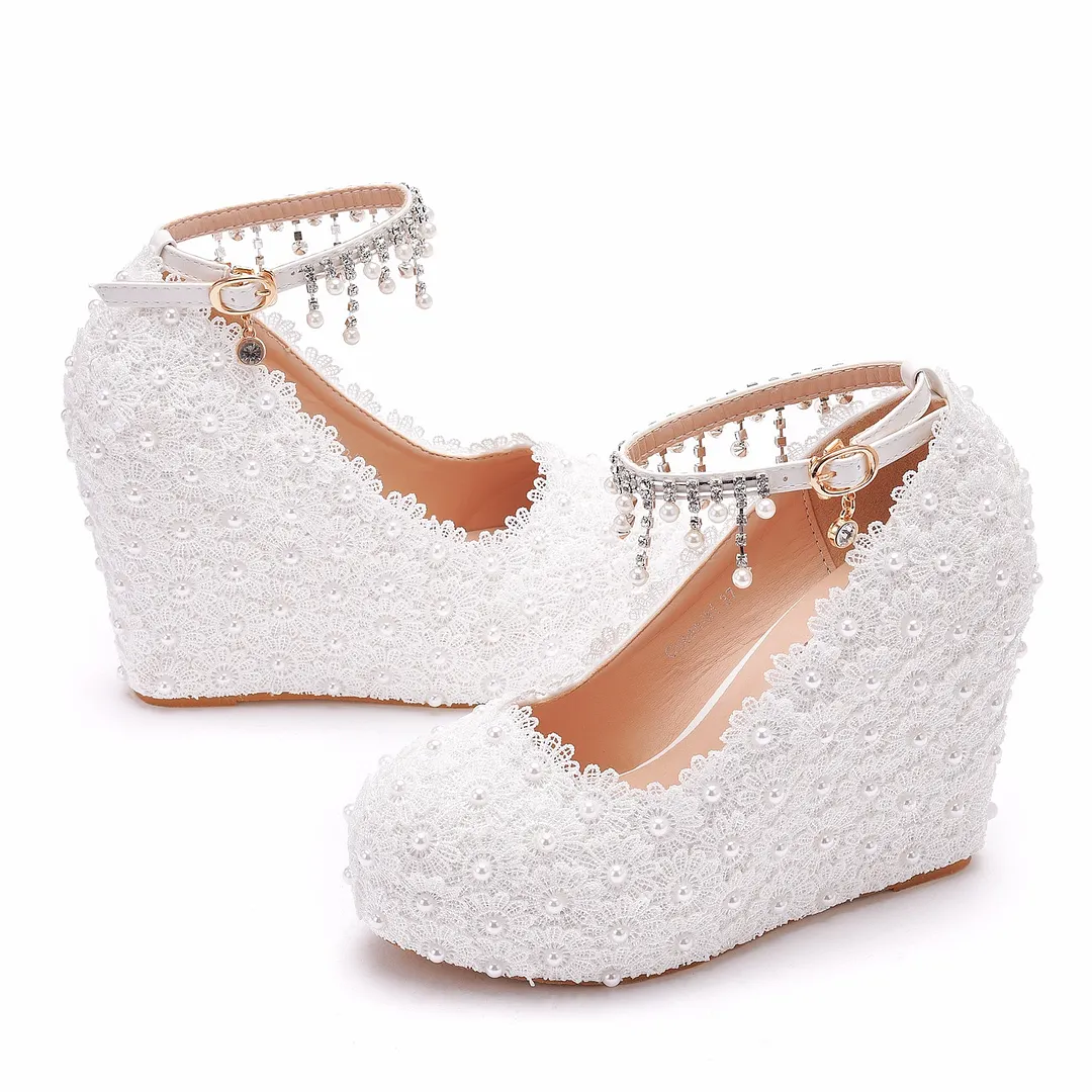 Breakj Breakj Lace Wedding Shoes Slope Heel Single Shoe Buckle With Slope Heel Waterproof Table Large Size Shoes Woman