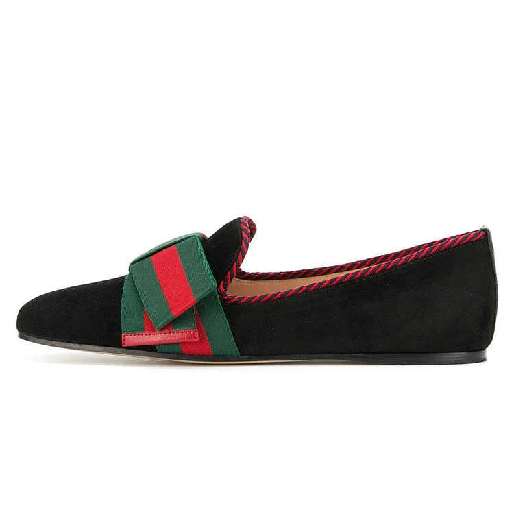 Black Flat Loafers for Women with Green and Red Bow |FSJ Shoes