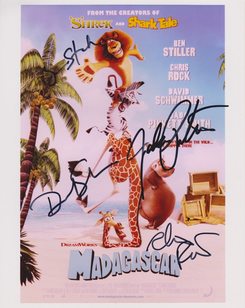 Ben Stiller, Chris Rock, David Schwimmer & Jada Pinkett-Smith Signed Autographed Madagascar