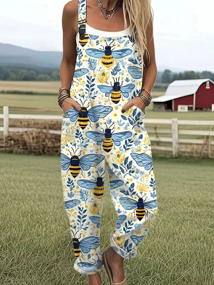 Women's Vintage Bee Art Print Casual Wide Leg Jumpsuit