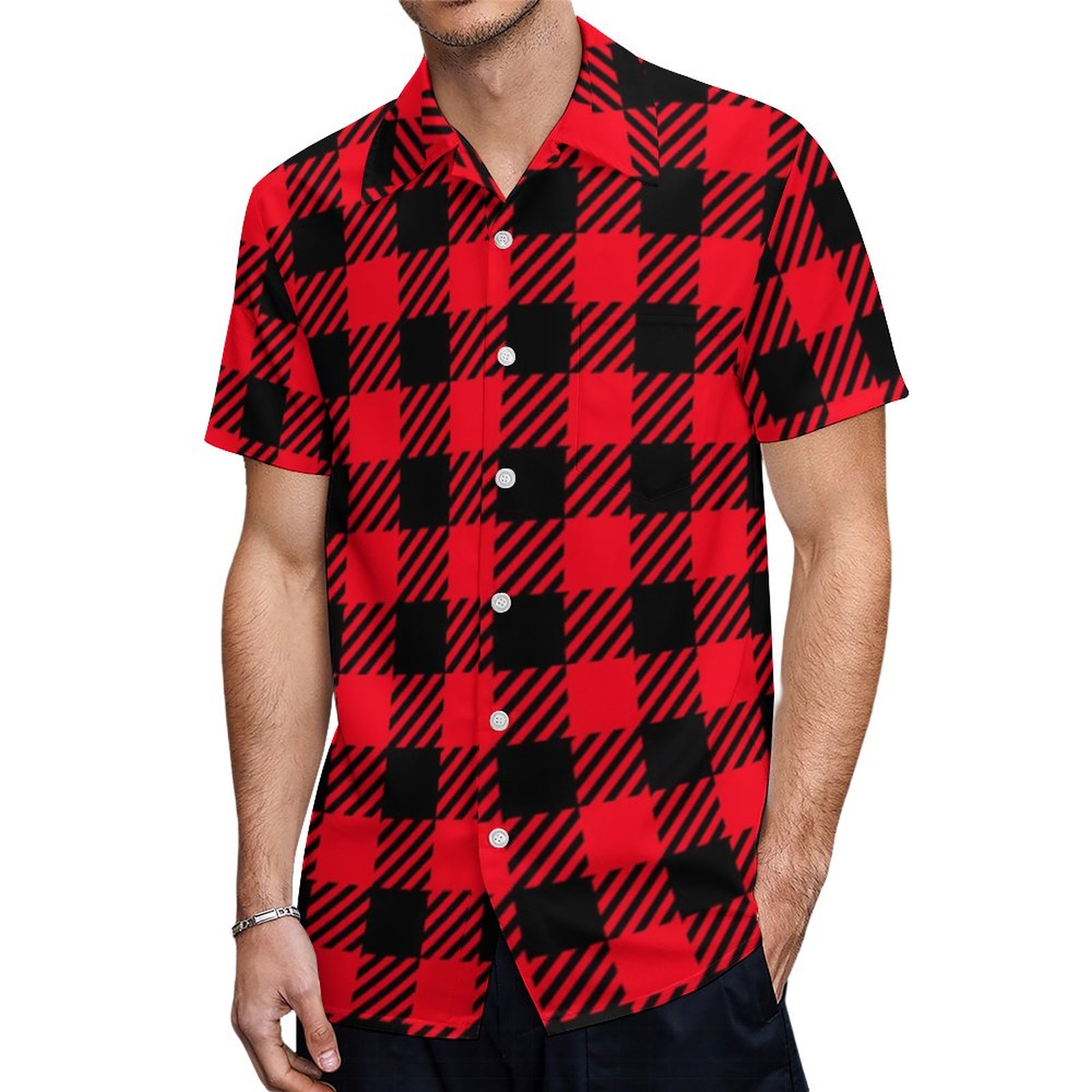 Classic Red And Black Plaid Buffalo Tartan Pattern Hawaiian Shirt Mens Button Down Tropical Hawaii Beach Shirts