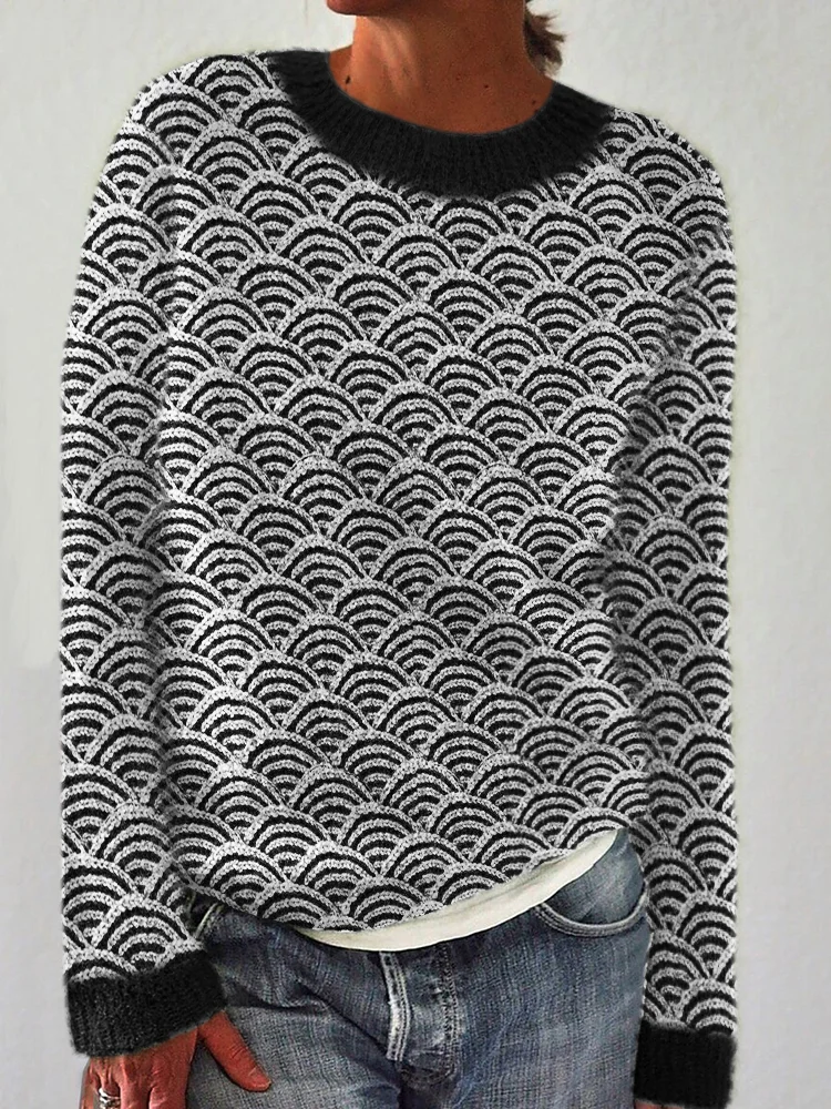 Japanese Sea Waves Inspired Knit Art Cozy Sweater