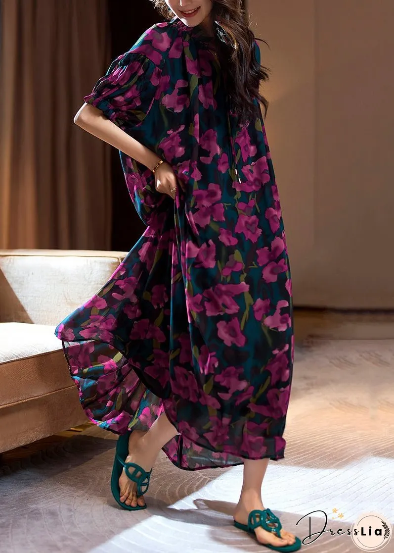 Loose Purple Print Ruffled Lace Up Chiffon Long Dresses Summer