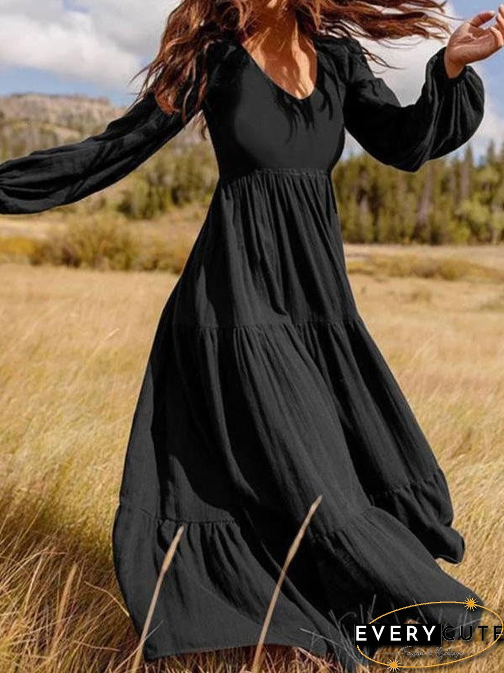 Temperament V-Neck Long Sleeve Flowy Dress