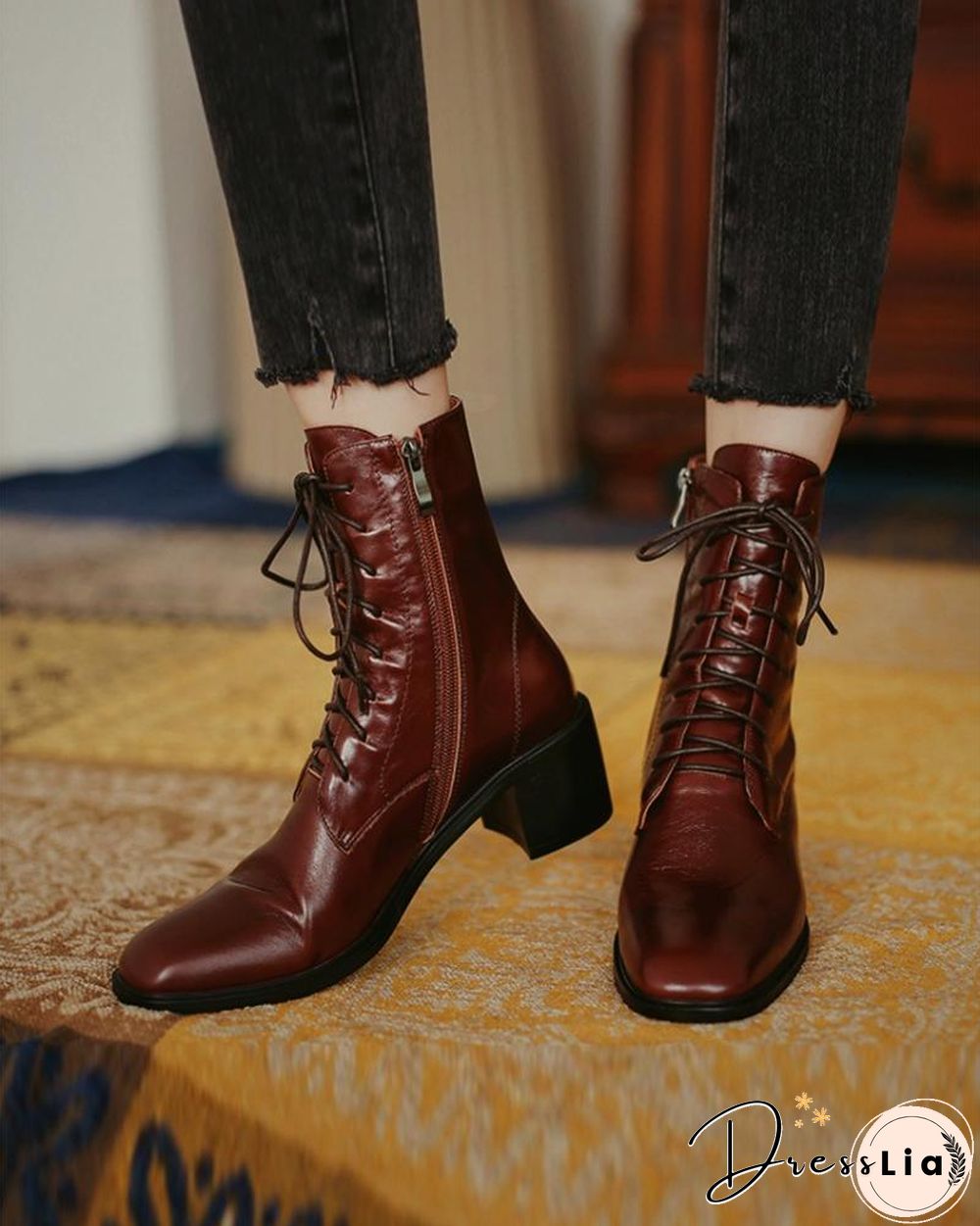 Pointed-toe Solid Color Lace-up Martin Boots
