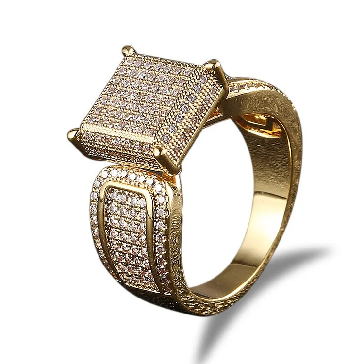 Hip Hop CZ Stone Paved Bling Ice Out Geometric Square Finger Rings Men Signet Ring-VESSFUL