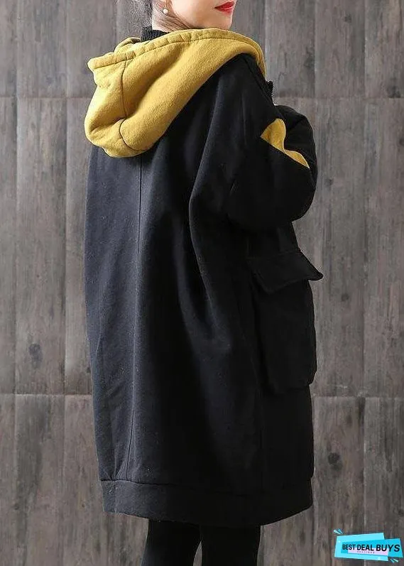Unique Coffee hooded zippered Pockets Patchwork Winter Cotton Thick Coats Long sleeve