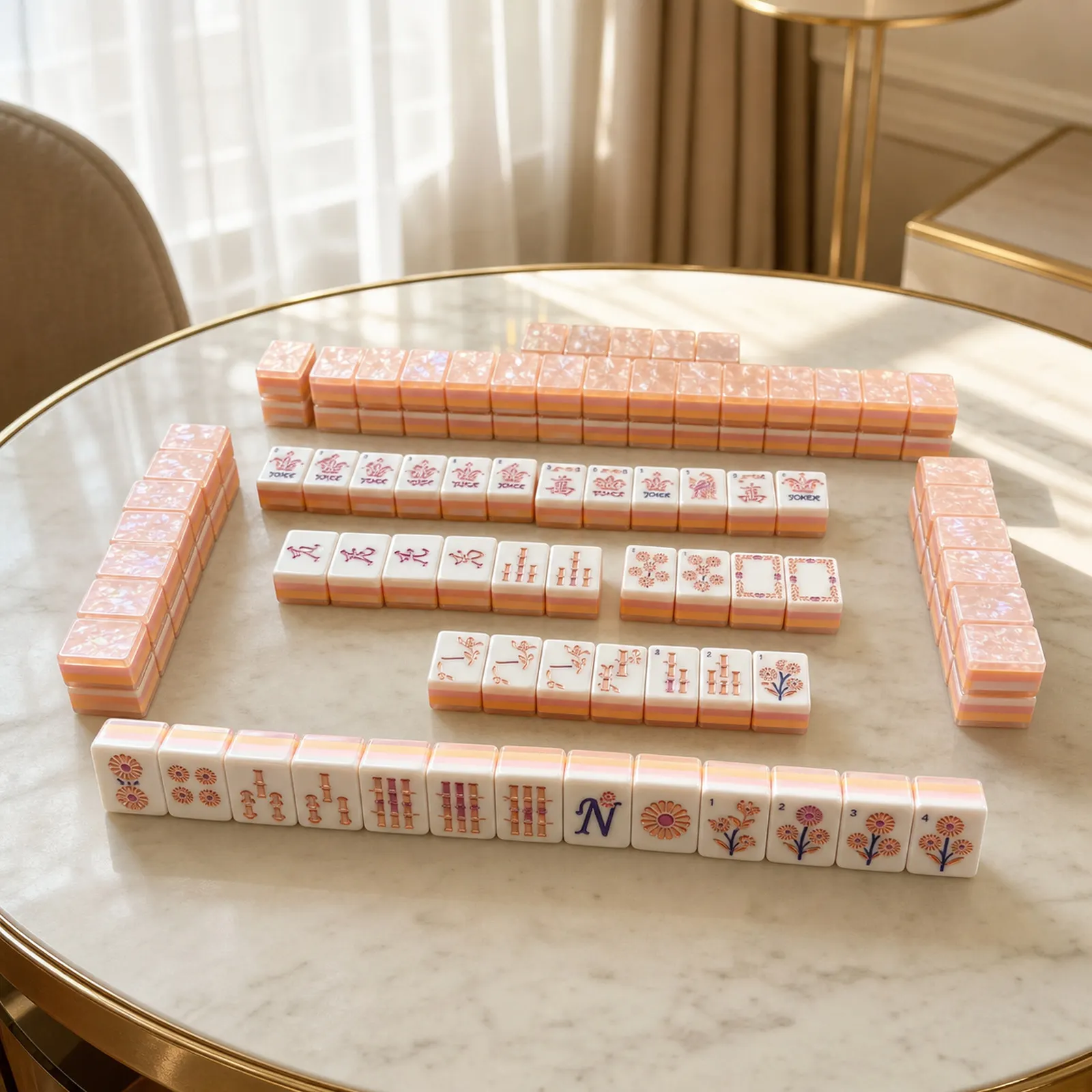 Ice Flower Shell tiles styled for a glamorous American game night.