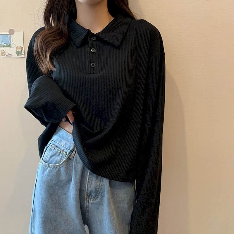 NiceMix Casual Polo T Shirt Women Long Sleeve Solid Tops Streetwear Turn Dwon Collar Loose Tees Korean Style Tshirt Clothing