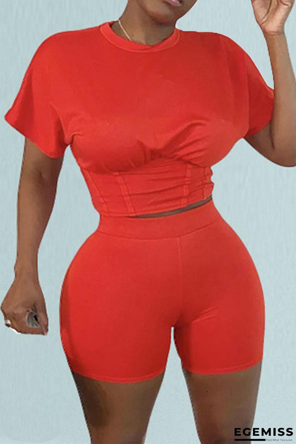 Red Casual Solid Patchwork O Neck Short Sleeve Two Pieces | EGEMISS