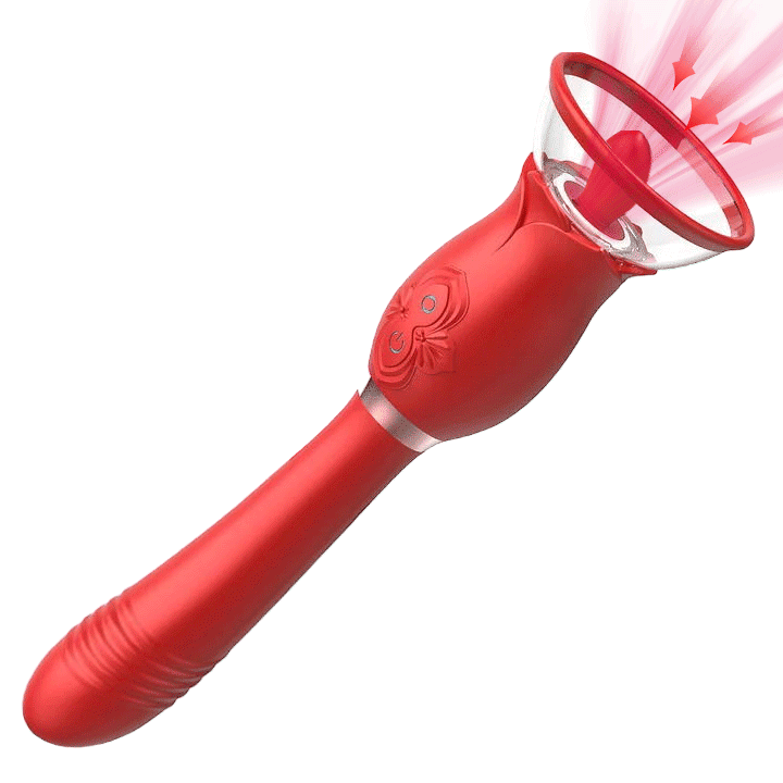 3 In 1 Rose Toy with Licking Tongue Sucker, Body Pump Telescopic Wand - Rose Toy